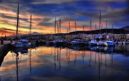 Sunrise - beauty, good morning, sky, harbour, sailboats, peaceful, colorful, port, view, lanterns, reflection, clouds, marina, architecture, house, boat, morning, ocean, houses, building, boats, sailing, buildings, lovely, nature, beautiful, colors, sailboat, sunrise, sea, lights