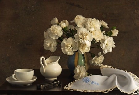 Still life - morning, good morning, photography, still life, vase, cup, white, white flowers, napkin, flower