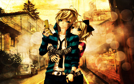 Hug Me - male, female, miku hatsune, len, rin, twins, cool, kagamine, vocaloid, phone, cute