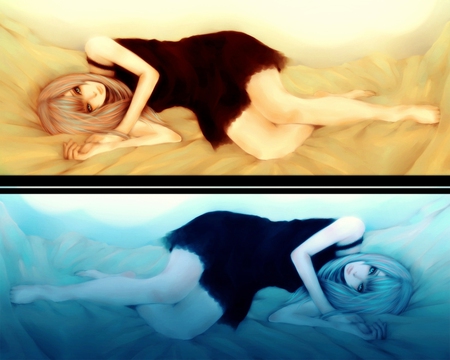 Insomnia - beauty, sexy, hot, beauties, anime girl, yellow, blue, beautiful, cute