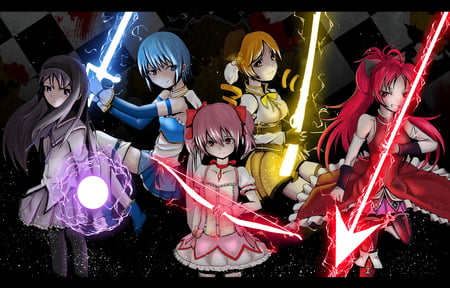 Puella Magi Girls - anime, female, puella magi, kyoko sakura, yellow, blue, sayaka miki, girl, pink, homura akemi, glow, purple, red, magical girl, madoka kaname, mami tomoe