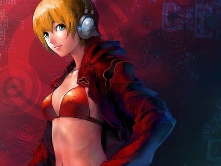 Red hot - sexy, headphones, red, anime, blond