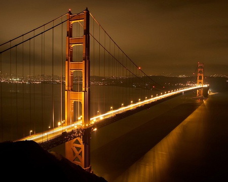 San Francisco Bridge at Night - river, water, sunset, bridge, lights