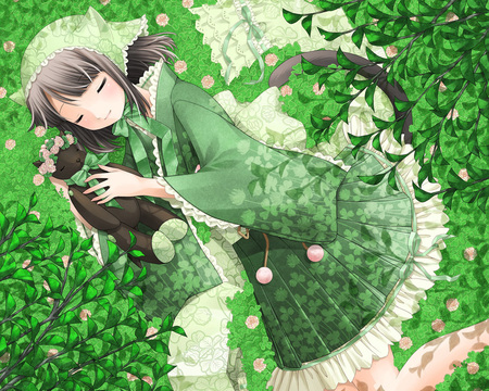 seranity - neko, anime, green, flowers, dress