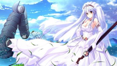 White Dress - white, girl, anime, sword, dress