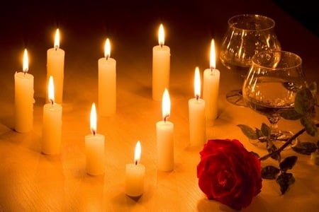 Romantic evening - heart, red rose, romantic, photography, evening, love, flower, light, glasses, rose, candles