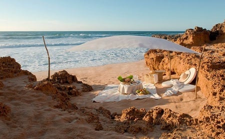 Romantic beach picnic - ocean, beach, hat, glass, picnic, basket, plates, sand dunes, romantic, net, romance, blankets, food, sand