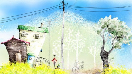 Tilted Houses - abstract, artistic, trees, persona, flowers, telephone poles, bicycle, houses, country, sky