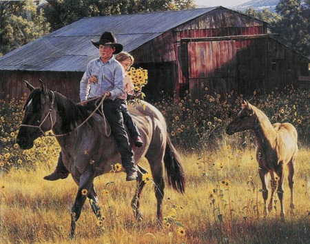 sunflowers for mama - boy, colt, barn, girl, grass, horse