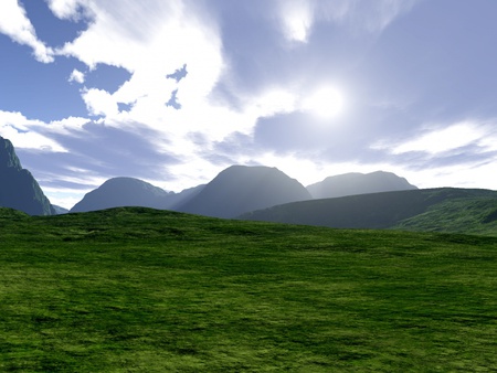 New Life in Mountains - sky, landscape, sun, field, mountains, clouds, plain, ray, grass