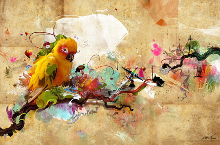 Spring - abstract, branch, flowers, colors, bird