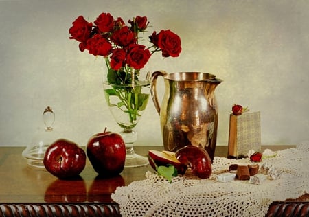 still life - cocolate, roses, red, beautiful, pot, still life, apples