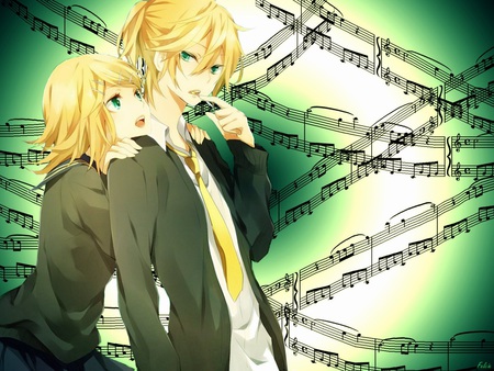 Twins Love - love, music, len, rin kagamine, twins, yellow, rin, kagamine, green, felcie, len kagamine