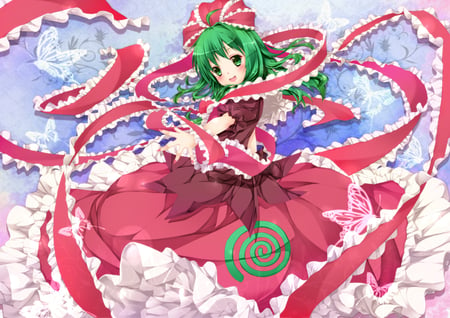 Hina - touhou, dress, butterfly, swirl, bow, kagiyama