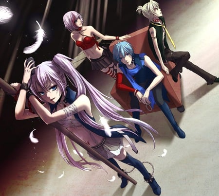 the goth reunin - len, chair, pink, miku, mikuo, kaito