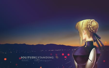 Beautiful Scenery in Night - saber, arturia, anime, female, blue, night, servant, armor, king, game, beautiful, girl, city, pc, knight, sunset, silver, fate stay night