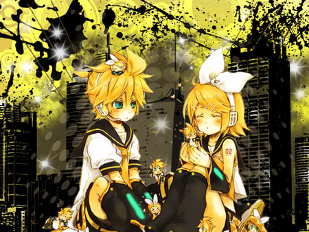 Rin and Len Kagamine - rin, rin and len kagamine, miku hatsune, rin kagamine, len kagamine, vocaloids, razing phoenix, len