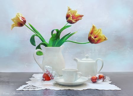 still life - photo, flowers, service, nice, beautiful, coffee, photography, lace, kettle, tea, cool, still life, flower, tulip, bouquet, drink, harmony, white, tulips, candy, cup