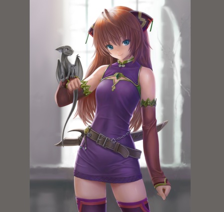 Friends for Ever - beauty, female, hot, wings, anime girl, fantasy, brown hair, legs, face, purple, pretty, anime, dragon, sword, cute, love, sexy, girl, blue eye, long hair, wing, beautiful, friends, babe