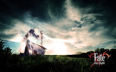 Last Fight... - saber, female, girl, injured, knight, blood, king, fate stay night, silver armor, arturia, blue, anime, sunrise