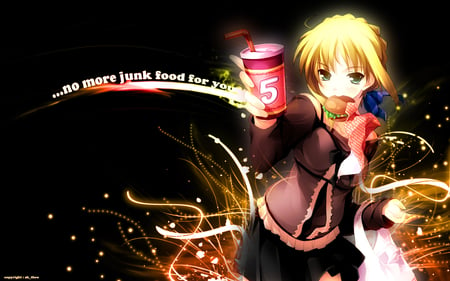 No More Junk Food For You !! - saber, coke, arturia, game, burger, anime, usual clothes, fate stay night