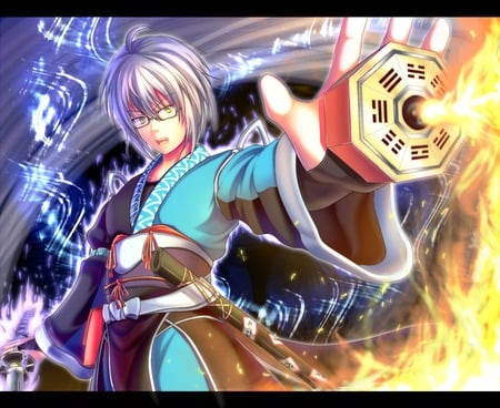 Morichika Rinnosuke - male, touhou, magic, grey hair, anime, japanese clothes, fire, morichika rinnosuke