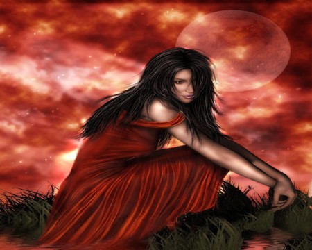 RED WITCH - witch, moon, sky, female, red, dress