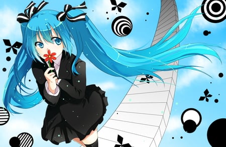 Flower for Japan - aqua, thighhighs, music, anime girl, white, cool, hatsune miku, skirt, circles, song, vocaloids, program, walkway, formal, bow, vocaloid, beautiful, uniform, diva, beauty, nice, sky, twintail, singer, black, path, virtual, japan, pretty, idol, clouds, anime, miku, cute, girl, heaven, hatsune, shape, tie, awesome, flower