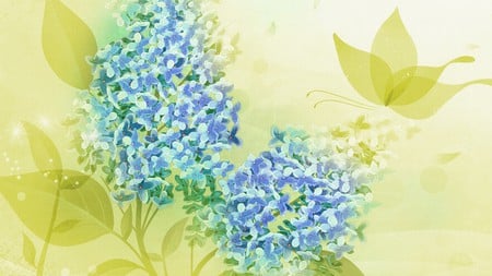 Spring Again - soft, summer, spring, butterfly, yellow, flora, floral, blue, flowers