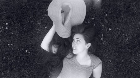 A Wonderful Day - straw hat, beautiful, black and white, photography, lying, peaceful, woman, grass