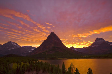 Sunset on the Lake - lake, sky, trees, clouds, sunset, mountains