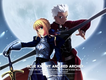 Blue Knight & Red Archer - saber, knight, archer, game, anime, sword, past, moon, night, fate stay night, emiya, arturia, bow, red, blue, novel, future