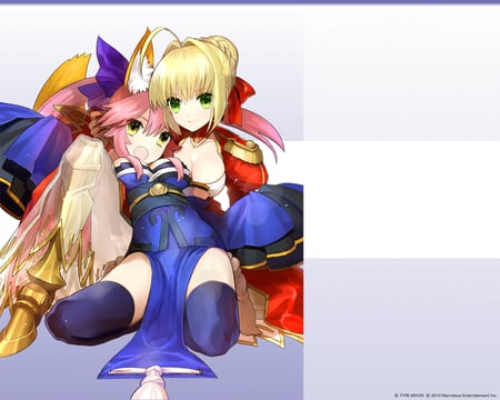 Saber & Caster Extra - saber, game, anime, knight, fate extra, girls, novel, mage, red, cute, pose, caster, fate stay night