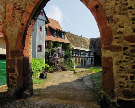 Jesuits-Courtyard - arch, architecture, flowers, jesuits, courtyard