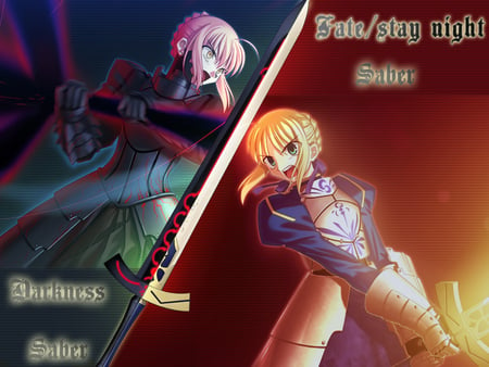 Beginning Battle Light & Dark - girls, saber, dark saber, armor, gold, fate stay night, arturia, dark, game, novel, anime, excalibur, sword