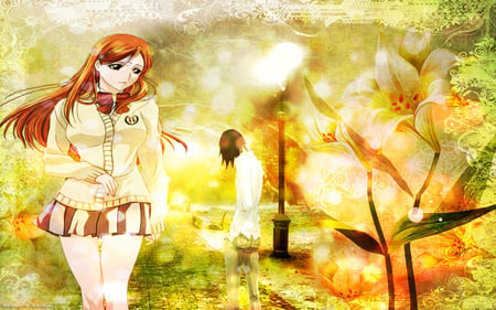 Alone No Without Me - flower, alone no without me, flowers, vector, bleach, orihime, ulquiorra, fog, park