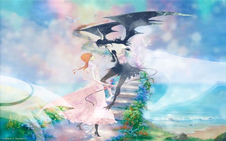 Goodbye! - beach, sky, bleach, spring, heaven, orihime, stair, ulquiorra, cloud, color, birds