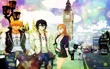 Enjoy in England - england, street, london, bleach, light, enjoy, ulquiorra, car, ichigo kurosaki, color, orihime inoue