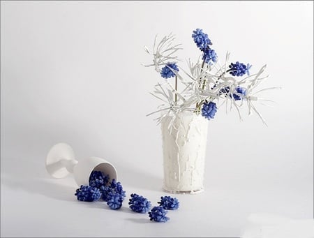 Classy chic - classy, glass, vase, chic, cup, white, beautiful, blue, petals, flowers