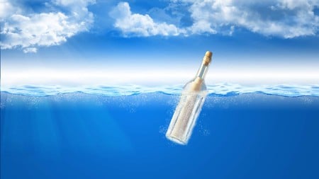 Message in a Bottle - ocean, bottle, floating, blue, letter, sky, clouds, sea, message