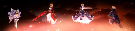 4 Saber Forces - saber, arturia, anime, forces, blue, dark, saber lily, red, game, dark saber, glow light, saber extra, black, white, caliburn, fate stay night, excalibur