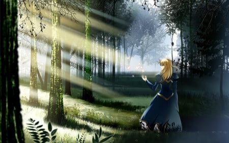 Morning Walk - saber, arturia, game, anime, blue, sunshine, morning, forest, novel, butterfly, fate stay night