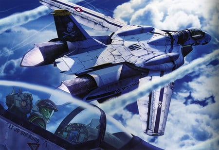 Follow me, Shin... - vf - 0s, sky, training, shin, macross zero, together, vf - 0d, clouds, anime, roy focker, fly, ova