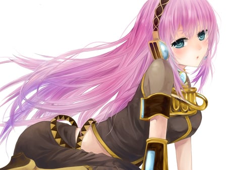 Megurine Luka - aqua, hot, headset, music, anime girl, white, art, yellow, cool, aqua eyes, artistic, sexy, song, vocaloids, program, vocaloid, beautiful, pink, uniform, blush, diva, nice, beauty, singer, black, virtual, painting, pretty, idol, megurine luka, anime, cute, megurine, luka, girl, pink hair, drawing, gold, microphone, headphones, awesome