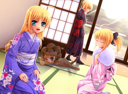 4 Saber in Kimono Clothes and Tiger Cosplay - saber, lion, black, dark saber, white, game, tiger colosseum, anime, japanese house, kimono, unlimited codes, long hair, fate stay night, saber lily, blue, pink, red, golden hair, cosplay