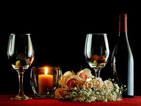 Romantic evening - roses, bottle, bottle of wine, evening, candle, chocolate, romance, love, bouquet, wine, glasses