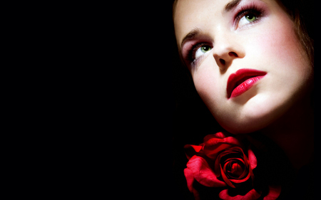 Rose girl - stare, girl, photography, make-up, red lips, rose, face, gree eyes, flower, red rose