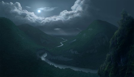 MOONLIT VALLEY - clouds, moonlit, river, forests, night, mountains, valley, sky