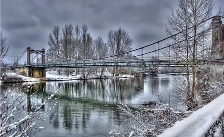 WINTER - trees, clouds, snow, water, winter, bridge