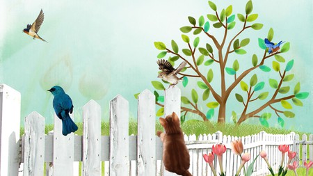 Birds Watch - fence, firefox persona, flowers, cat, spring, tree, birds